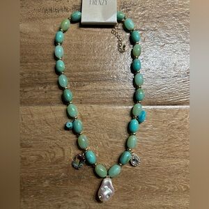 Jade & Turquoise Beaded Necklace with Pearl Pendant- NWT